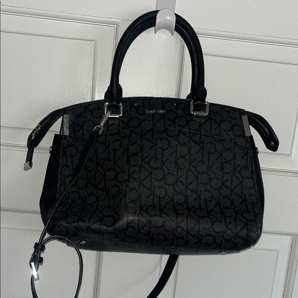 Calvin Klein Raelynn Black Signature Satchel with Shoulder Strap